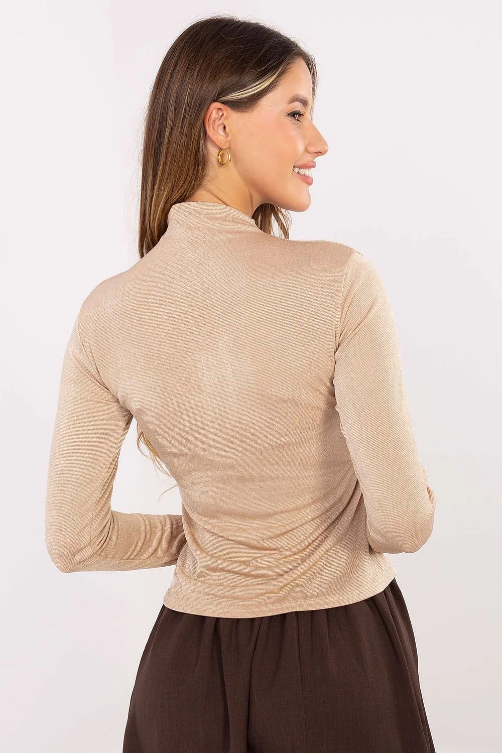 chemisier ajusté femme col montant manches longues maille côtelée extensible satinée beige viscose polyester confortable polyvalent