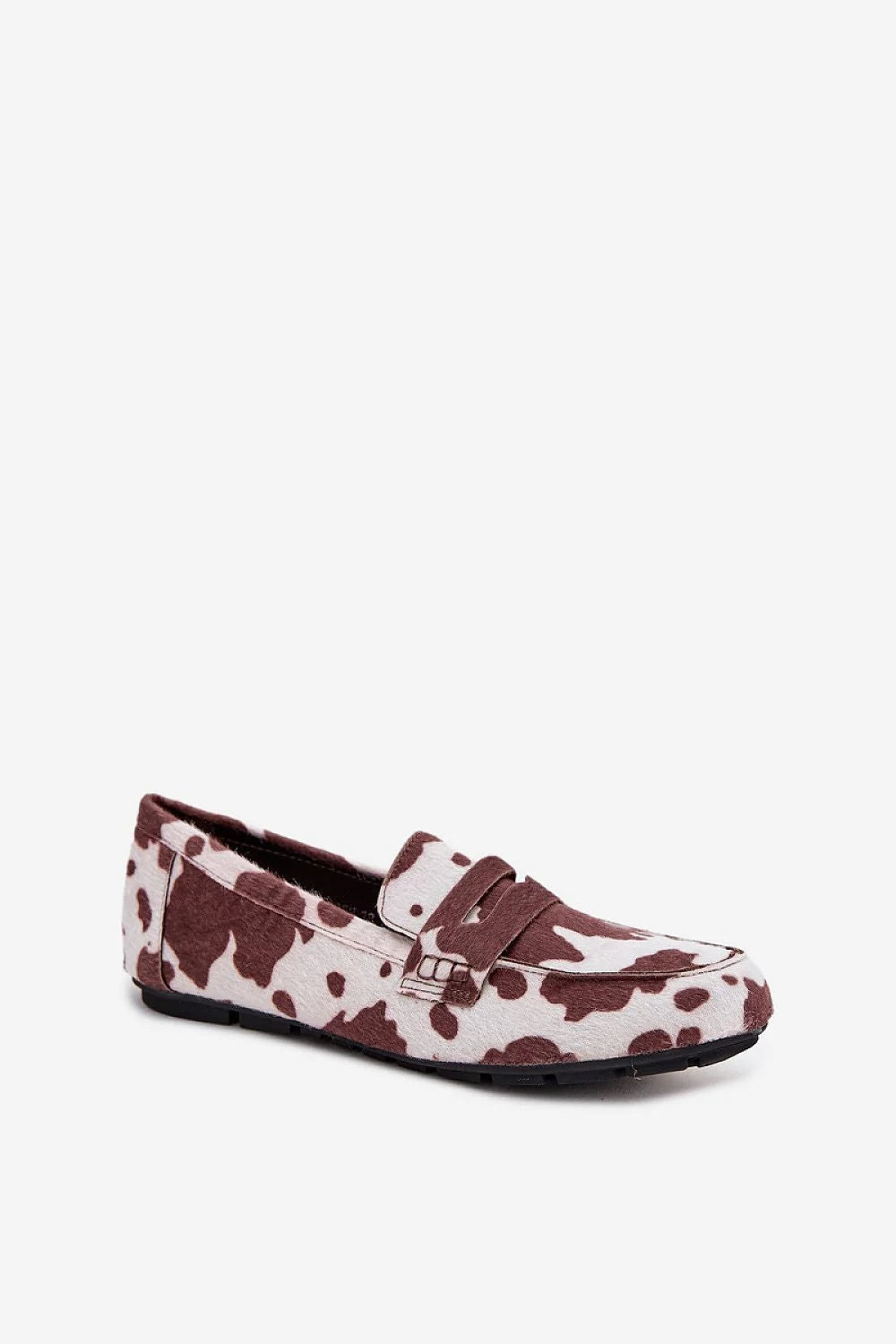 mocassins loafers femme enfilables penny imprimé tacheté vache marron écru poils bride décorative bout carré semelle caoutchouc antidérapante confort jean