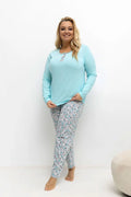 pyjama femme grande taille coton doux col rond manches longues patte boutonnée trois boutons pantalon long imprimé turquoise extensible