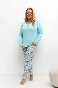 pyjama femme grande taille coton doux col rond manches longues patte boutonnée trois boutons pantalon long imprimé turquoise extensible