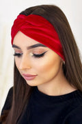 bandeau velours rouge vif nœud décoratif turban large ajusté maintien sécurisé doux luxueux torsade croisée rétro bohème soirée polonais
