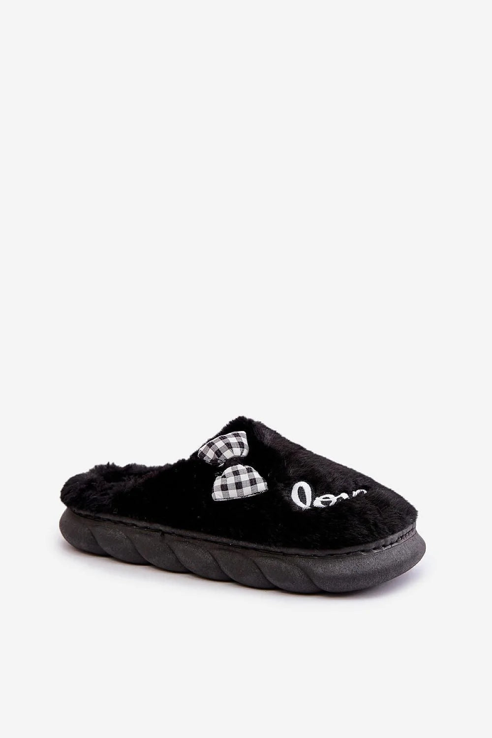 pantoufles femmes intérieur fausse fourrure noire doublure pelucheux semelle épaisse crantée matelassée amorti confort chic cosy nœud vichy broderie blanche