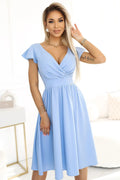 Robe de soirée élégante bleu clair décolleté V manches volant taille ajustable jupe évasée polyester femmes occasionnels