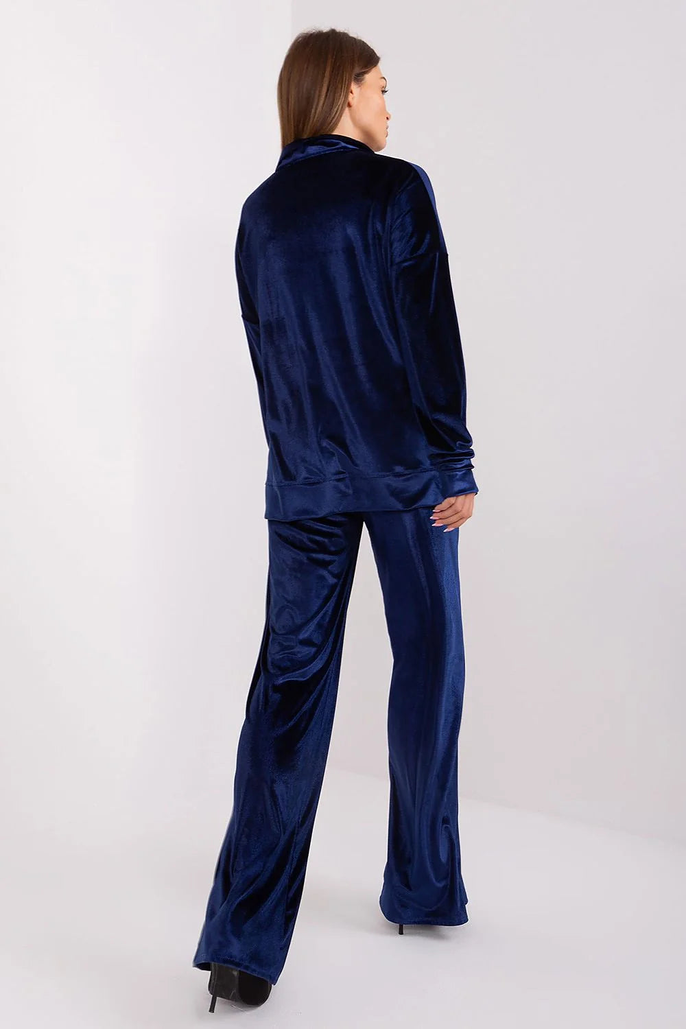 ensemble Lakerta velours bleu marine manches longues haut col V drapé poignets ajustés pantalon taille élastiquée palazzo large