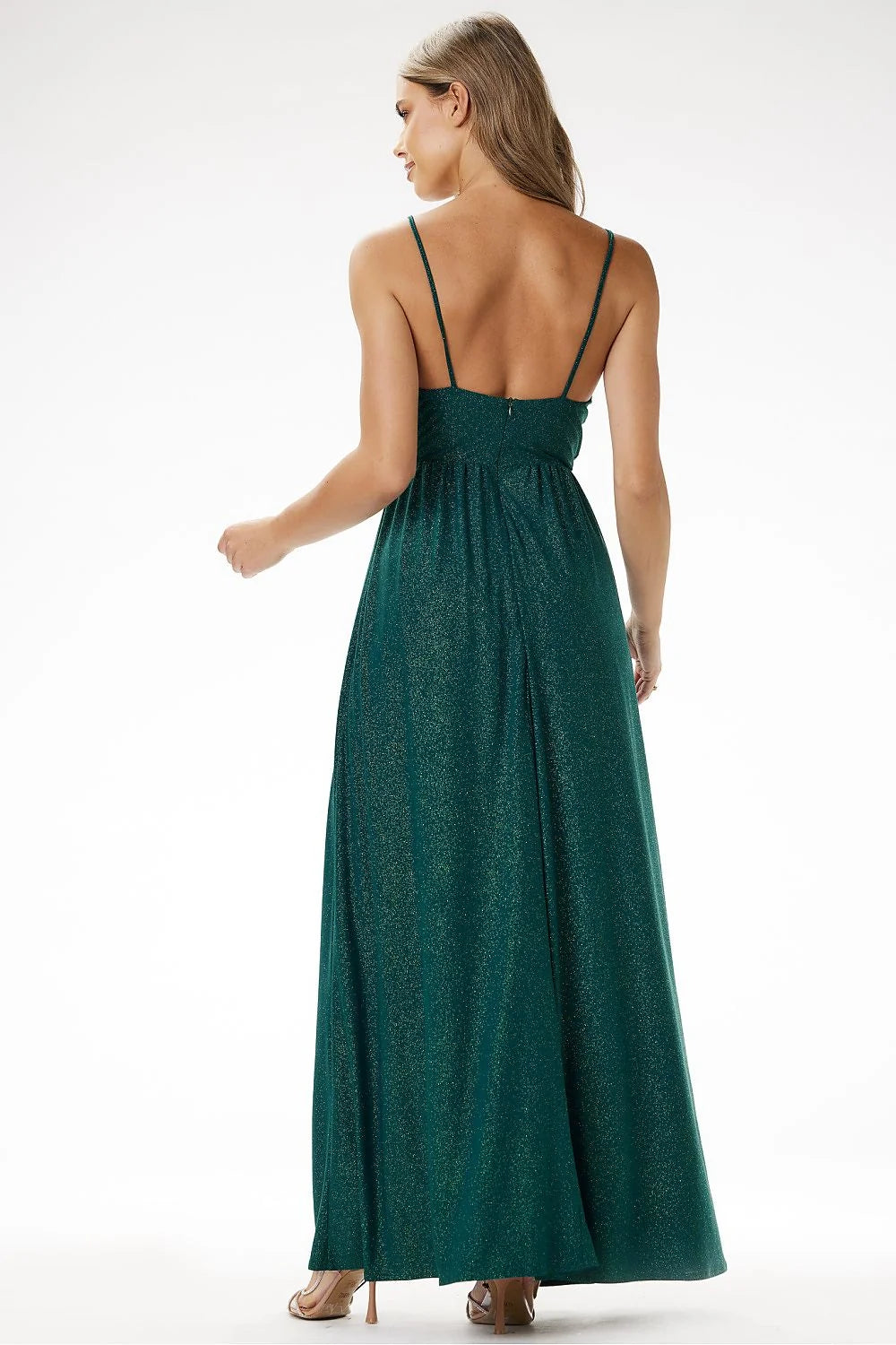 Robe de soirée longue évasée vert émeraude fente latérale finitions métalliques Jersey bretelles fines taille cintrée femme élégance moderne