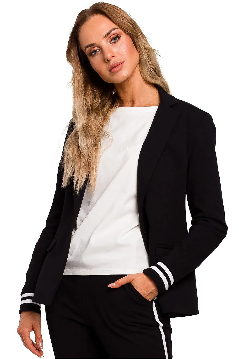 Blazer femme tissu camel moderne élégant manches rayées chic décontracté coupe ajustée mode tendance