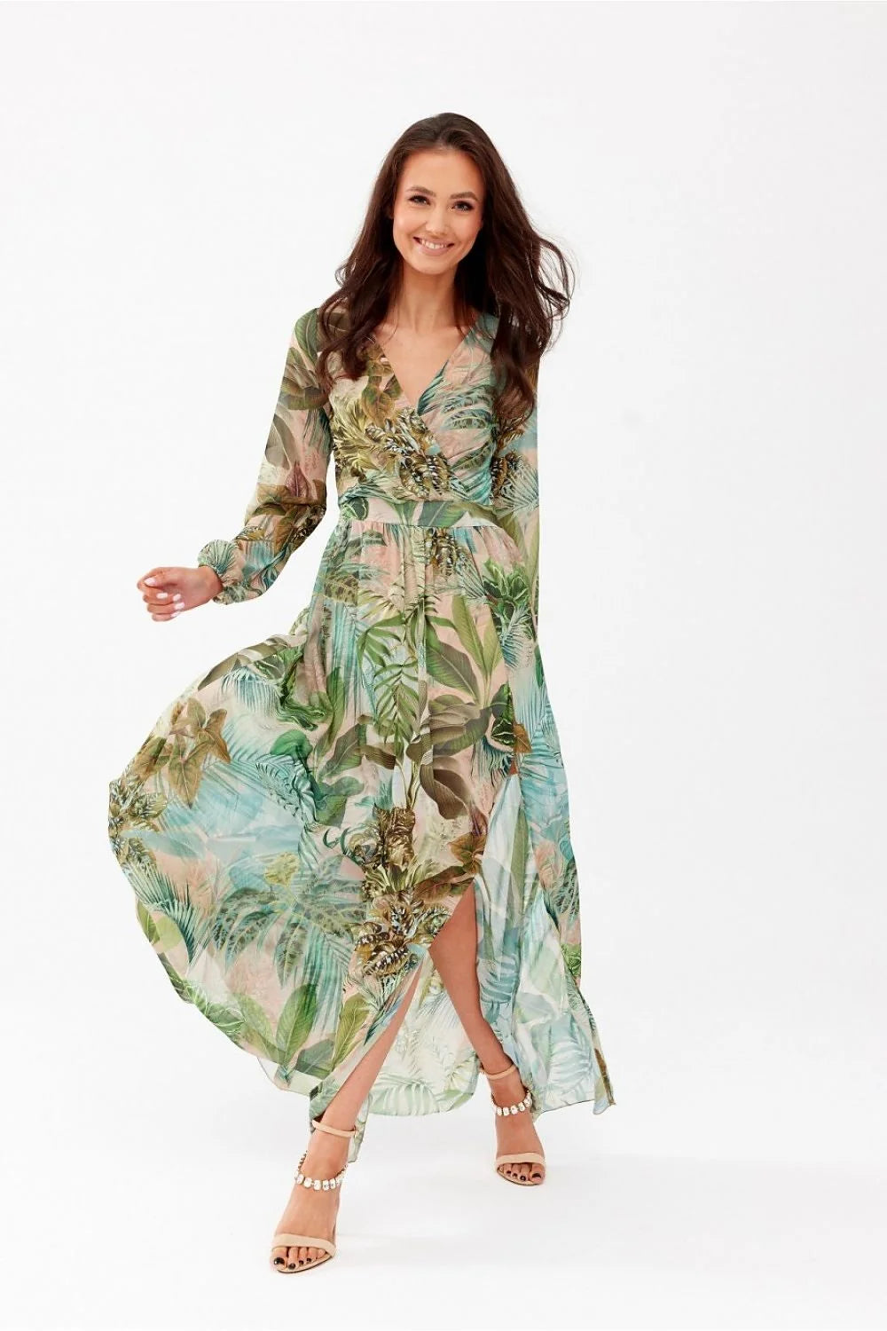 Robe de jour Roco Fashion longue manches longues encolure V croisée motif tropical palmiers vert beige
