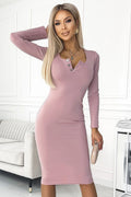 Robe de jour élégante Numoco manches longues couleur rose pâle coupe ajustée matière extensible Polyester élasthanne taille S M L XL