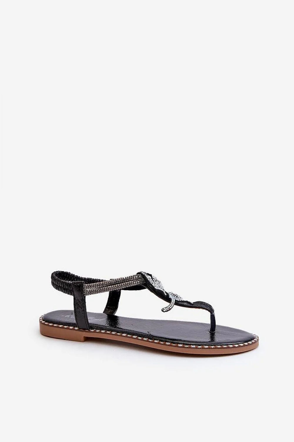 sandales féminines élégantes ouvertes cristaux noirs simili cuir confort plateforme bride arrière élastique entredoigt semelle marron strass florale