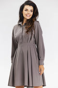 Robe de jour élégante couleur taupe manches longues col chemise ourlet évasé pour femme