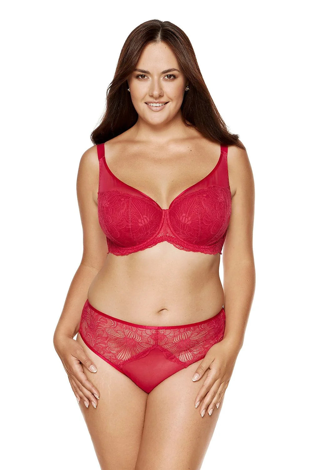 Ensemble de lingerie féminine élégant soutien-gorge rembourré culotte taille haute dentelle rouge motifs floraux tissu confortable