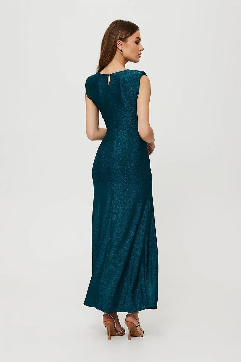 Robe de soirée élégante longue sans manches, ceinture asymétrique, couleur teal, fente sexy, occasion formelle, robe femme mode, taille ajustable