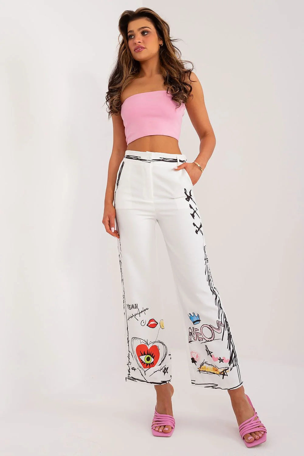 Pantalon femme Italy Moda design artistique coupe ample taille haute motifs colorés polyester confortable