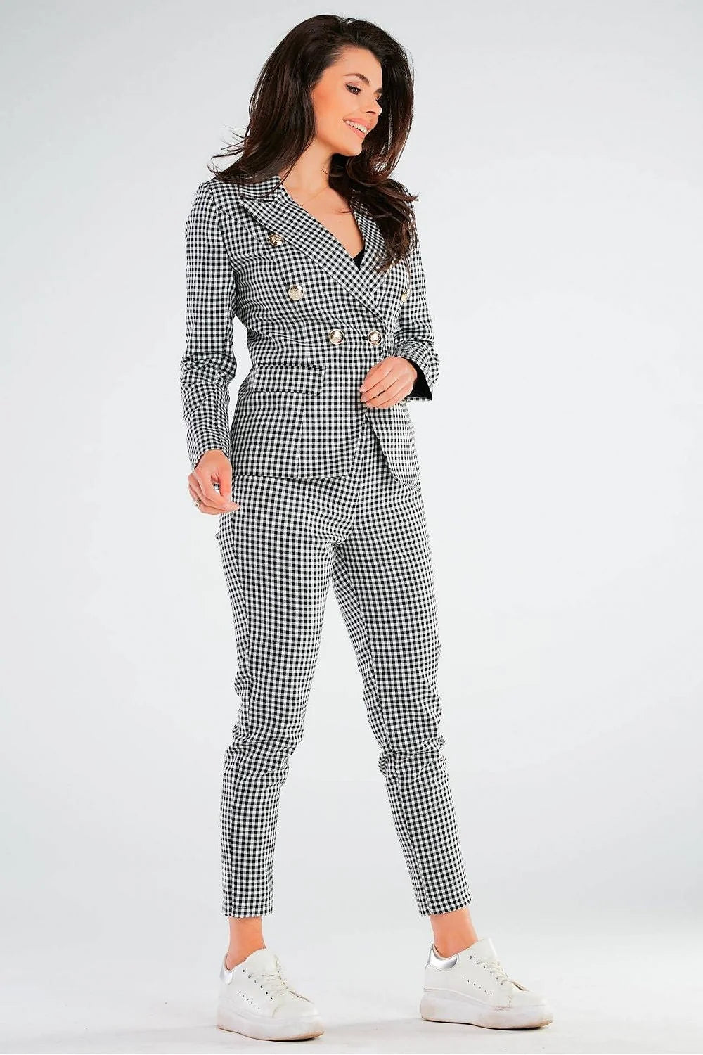 pantalon femme taille ajustable coupe ajustée cigarette cheville motifs carreaux beige marron noir tissu structuré confortable extensible polyester viscose élasthanne