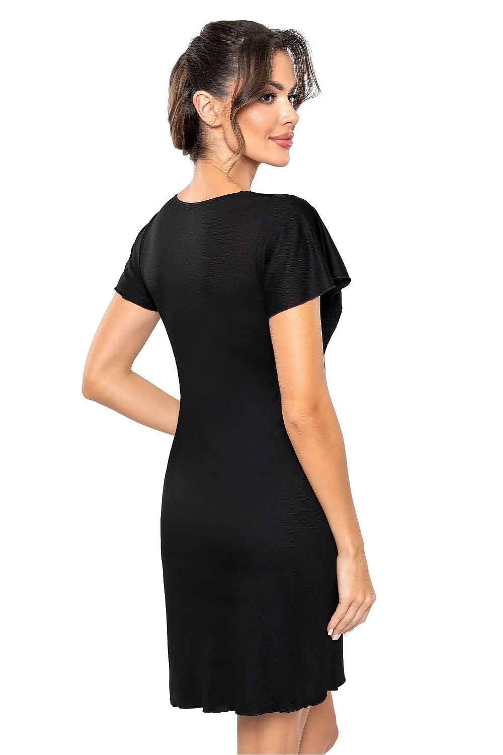 robe soirée élégante noire dentelle manches courtes décolleté plongeant V ajustée empire souspoitrine jersey doux extensible longueur genou féminine confortable