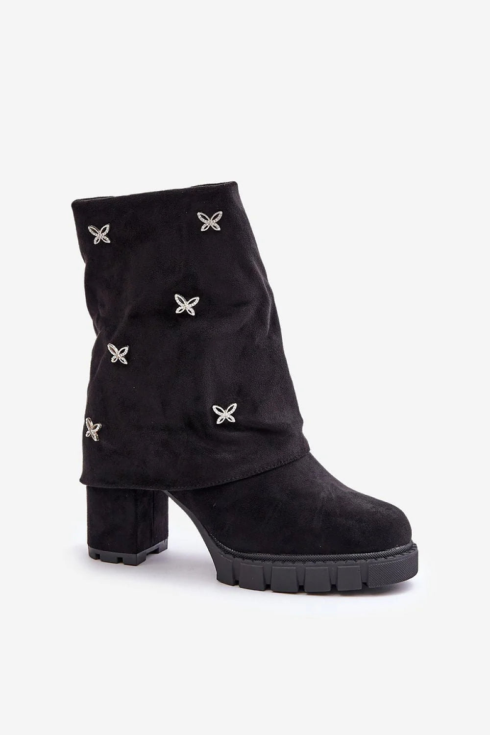 Bottes à talons femmes élégantes moderne design en suédine écologique fermeture éclair tige structurée couleur noire talon carré hauteur 9cm automne-hiver confort