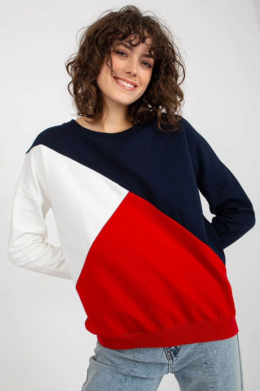 Sweatshirt femme moderne longues manches asymétrique couleurs contrastées coton 90% elastane 10% style casual