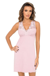 Chemise de nuit Donna élégante en dentelle rose pâle nuisette féminine soie viscose Bardot élasthanne femme