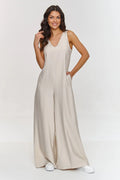 Combinaison femme élégante moderne sans manches en V beige clair ample large leg confortable été printemps Makadamia