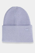 bonnet maille côtelée lilas pâle coupe arrondie revers large repliable tricot extensible dense chaleur maintien logo assorti taille unique unisexe