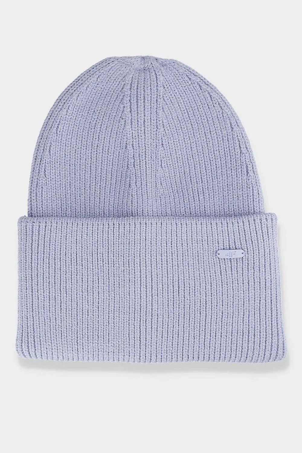 bonnet maille côtelée lilas pâle coupe arrondie revers large repliable tricot extensible dense chaleur maintien logo assorti taille unique unisexe