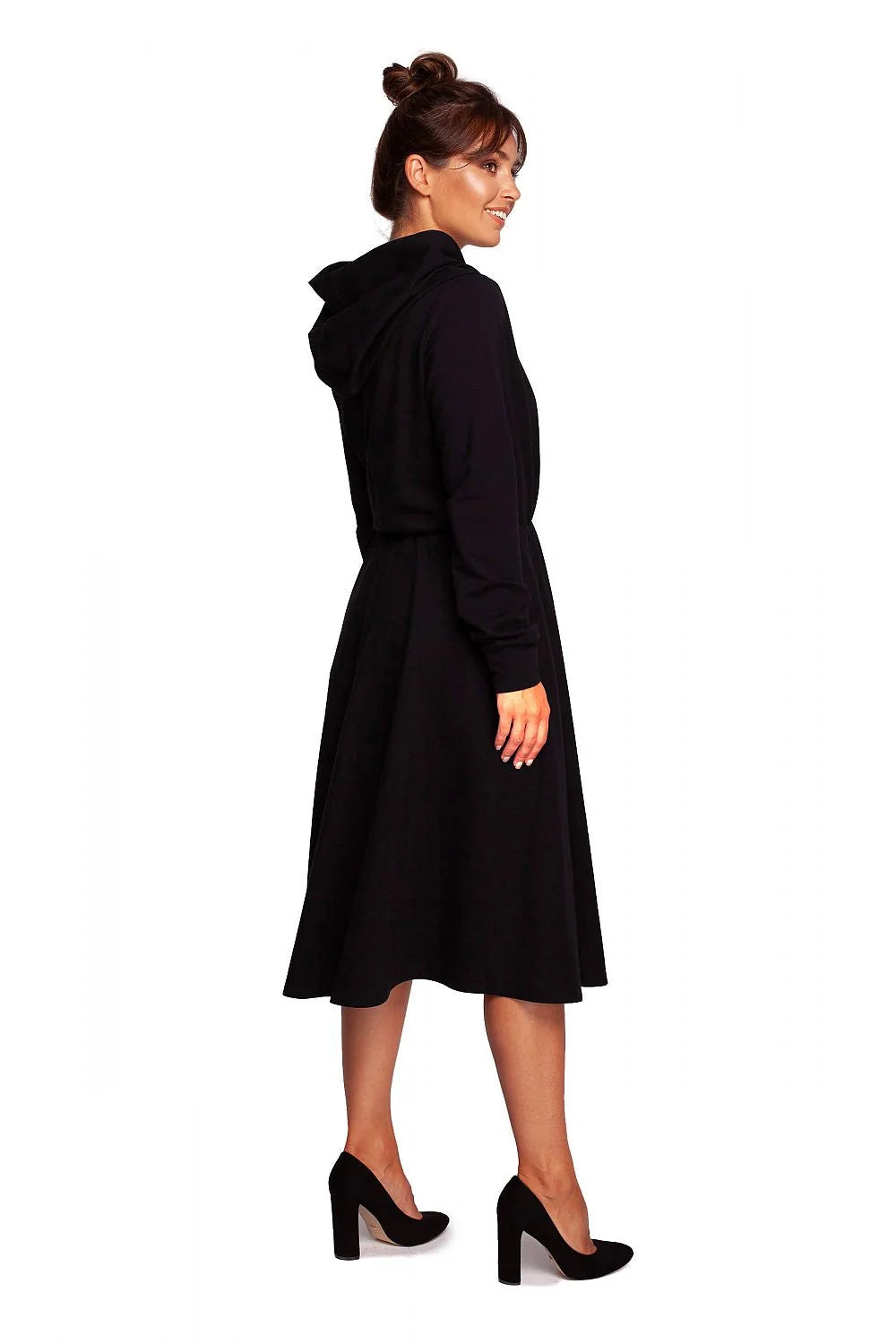 Robe de jour féminine élégante en coton élasthanne coupe A manches longues col drapé poches latérales