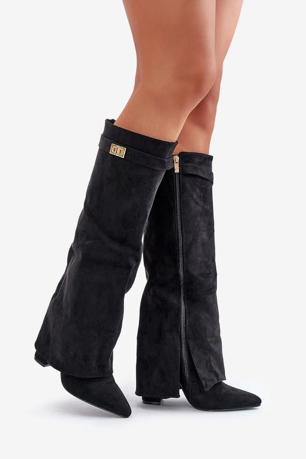 Bottines élégantes pour femmes en cuir suédé noir talon colonne fermure éclair fourrure synthétique