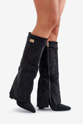 Bottines élégantes pour femmes en cuir suédé noir talon colonne fermure éclair fourrure synthétique