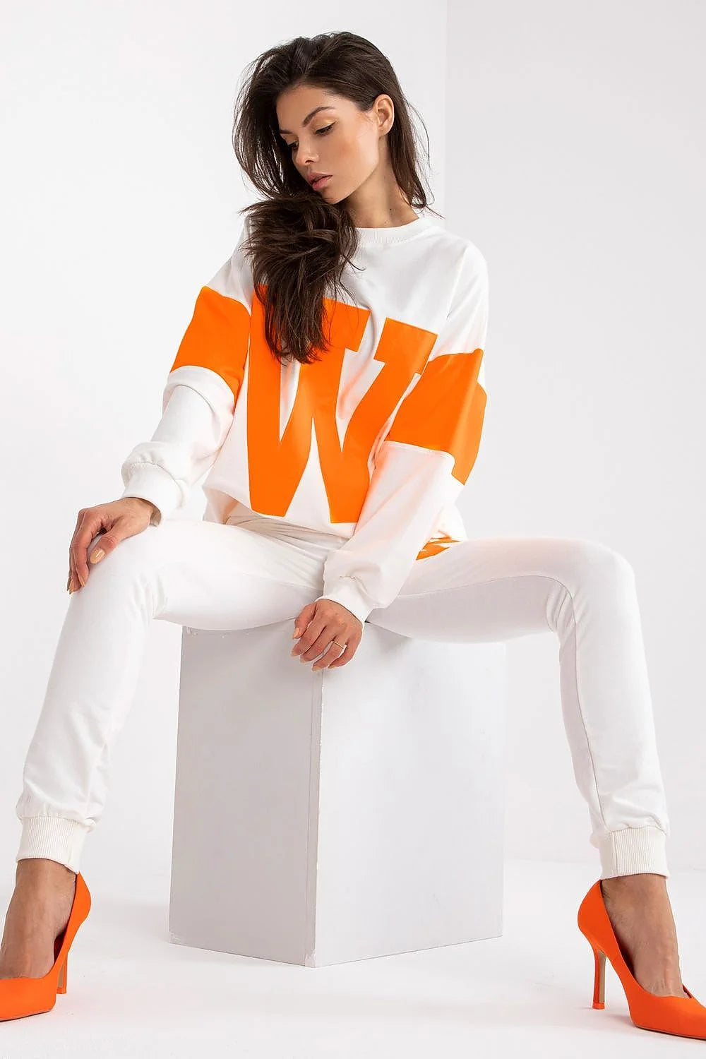 Ensemble Fancy pour femme sweatshirt manches longues pantalon slim taille élastique coton élasthanne blanche orange tendance mode