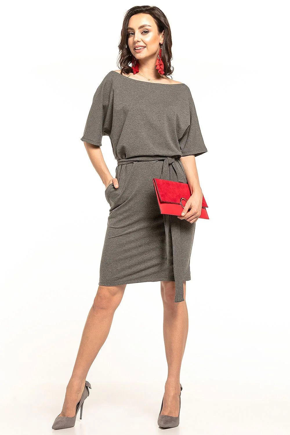 Robe Tessita midi ceinturée jaune vif coupe droite fourreau buste ample manches kimono jersey stretch fluide poches invisibles encolure bateau