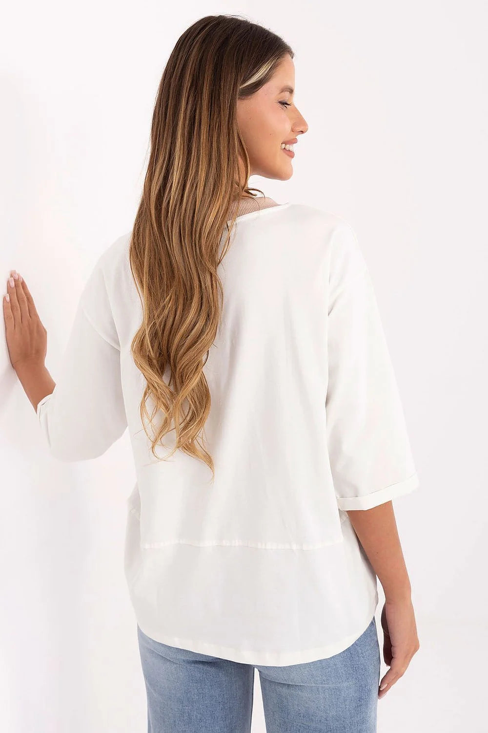 chemisier oversize femme manches troisquarts col rond côtelé écru broderie strassée cordons longs embouts métalliques loose coton élasthanne