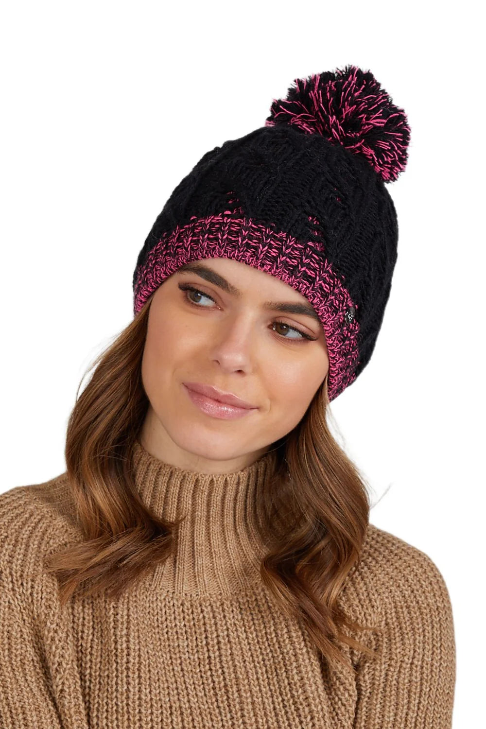 Bonnet Kamea pour femme en laine avec pompon noir et rose, style moderne, hiver 2023