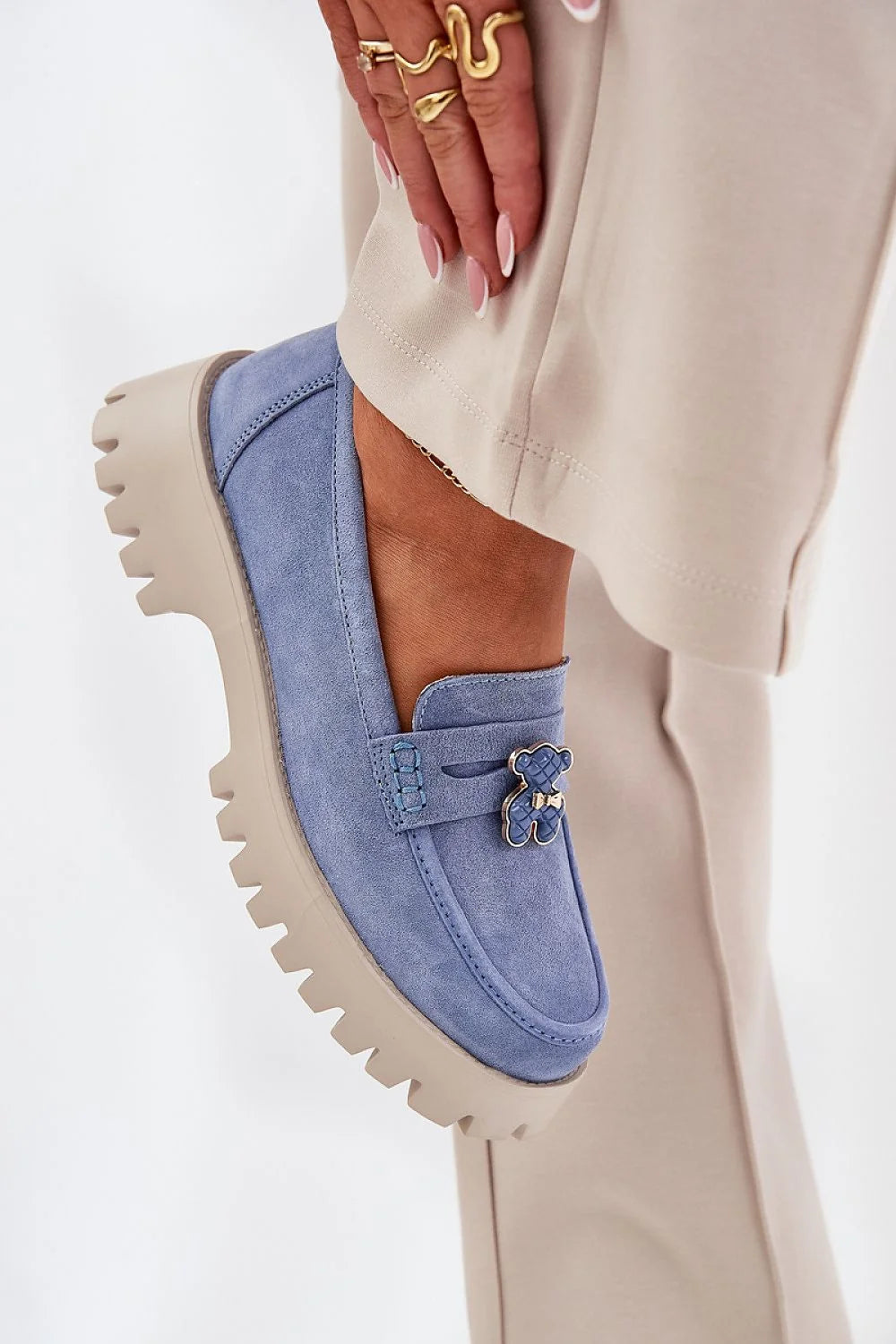 Moccasins femmes Vinceza design modern style casual chic cuir suédé bleu pastel semelle cuir naturel talon 4.5cm tige 6cm