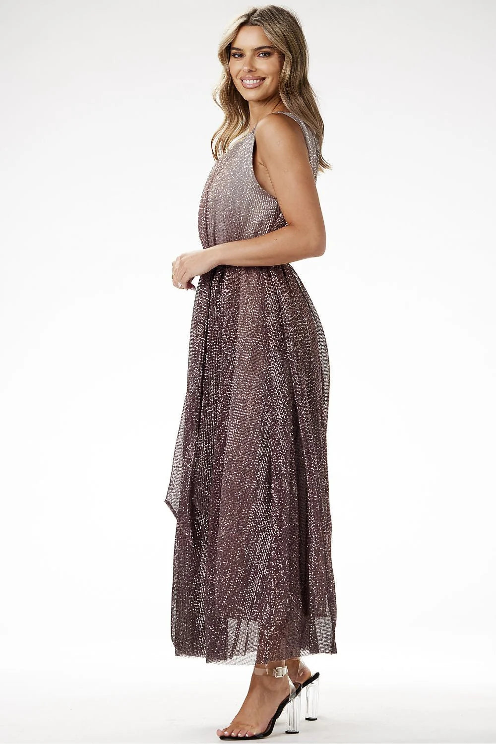 robe longue soirée élégante pailletée ombré vieuxrose tulle encolure bateau taille marquée ceinture intégrée jupe évasée cheville doublure opaque