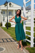 Robe de cocktail élégante sans manches en vert émeraude en polyester robe midi encolure V croisée taille ajustée pour femme