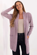 cardigan femme long ouvert maille chinée lilas col châle manches longues poches plaquées bords côtelés douce extensible confortable polyvalent