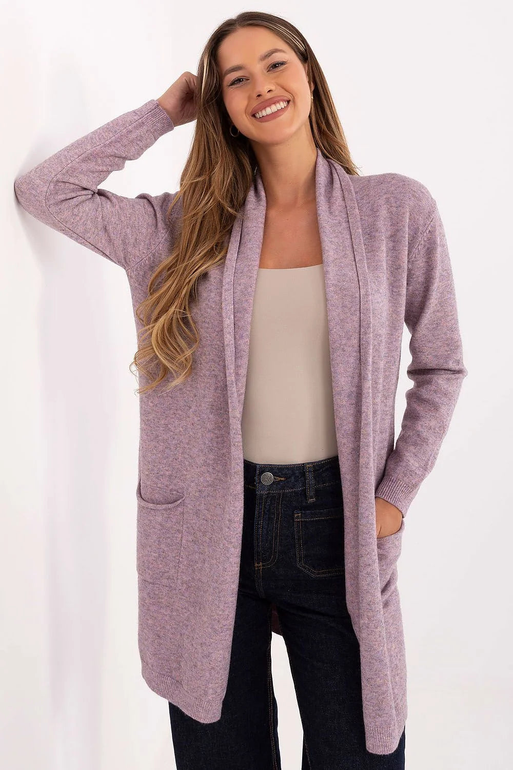 cardigan femme long ouvert maille chinée lilas col châle manches longues poches plaquées bords côtelés douce extensible confortable polyvalent