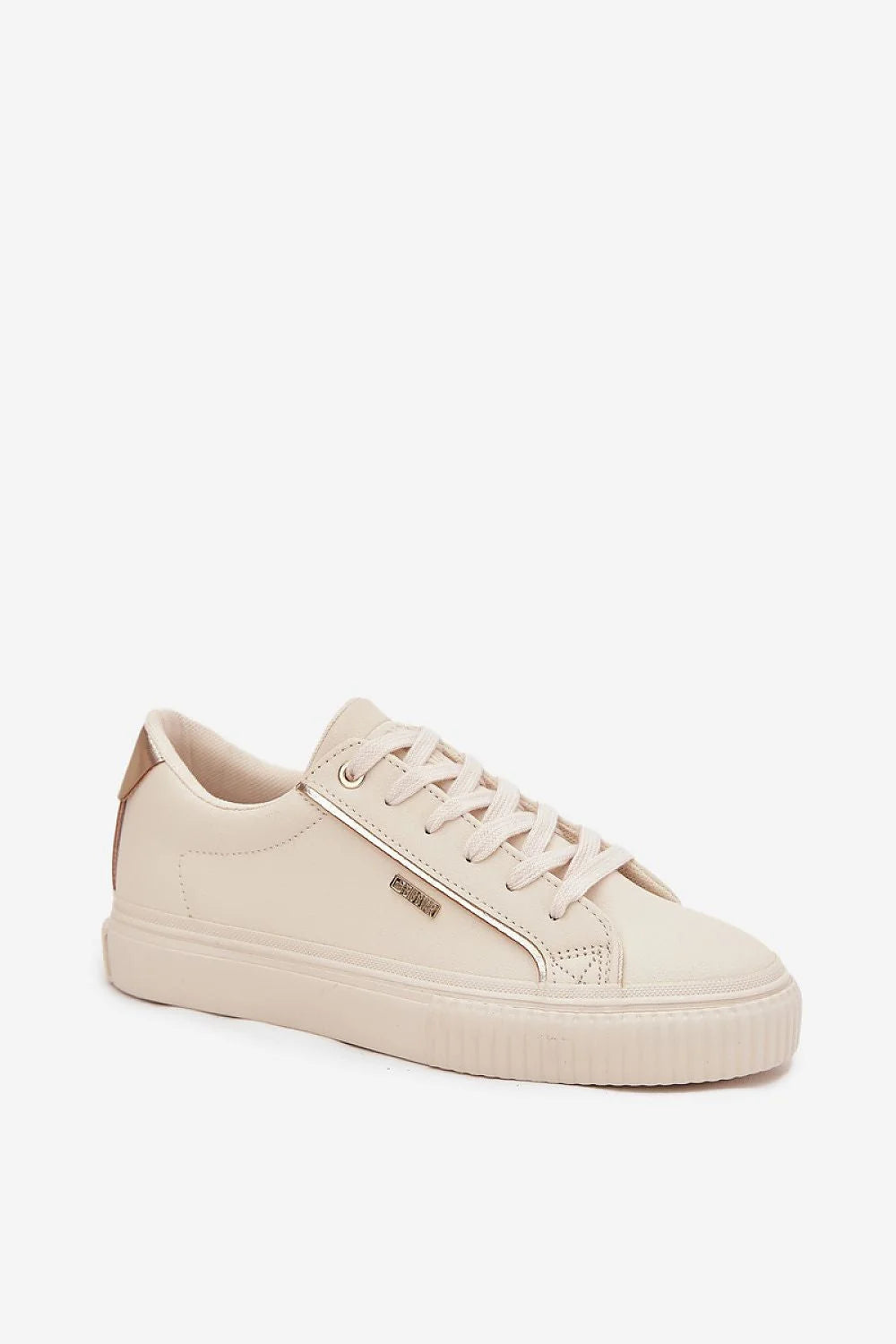 sneakers femme BigStar similicuir écologique écru beige plateforme épaisse 3cm semelle mousse textile crantée caoutchouc matelassé lacets garnitures dorées