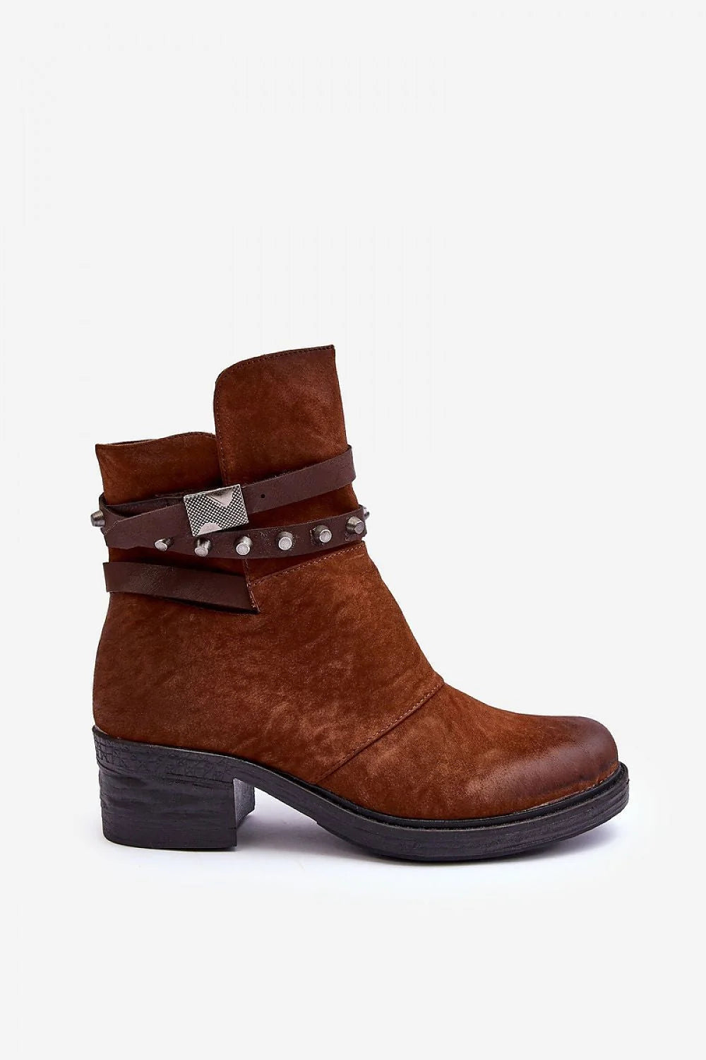 Bottines féminines en cuir artificiel marron terre Sienna, talon épais 5.5 cm, design robuste et chic avec boucles métalliques, taille ajustable pour femmes