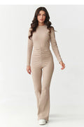 ensemble femme maille côtelée stretch chemisier ajusté col montant manches longues fermeture éclair dos pantalon taille haute jambe évasée froncée
