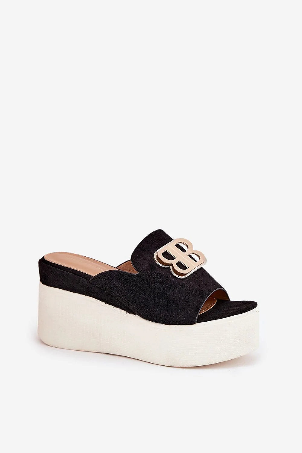 Sandales compensées pour femme élégantes en suédé écologique noir et blanc talon 9cm plateforme 4.5cm ornement BB