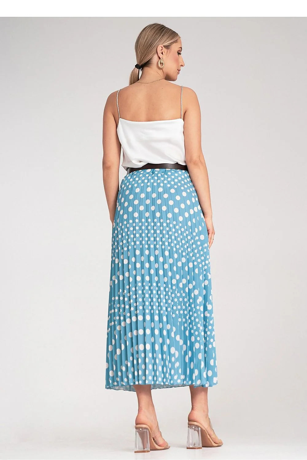 jupe midi plissée bleu clair pois blancs taille haute ceinture élastique boucle noire dorée polyester élasthanne fluide vintage chic élégante