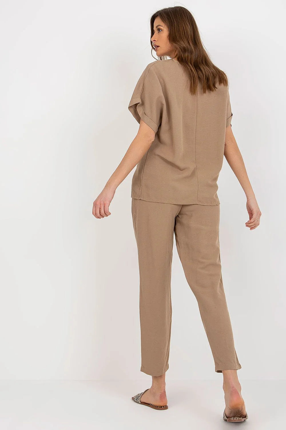 Ensemble coordonné femme été blouse manches courtes encolure ronde pantalon taille haute coton viscose beige neutre élégant
