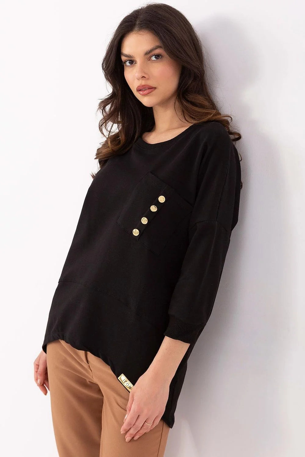 chemisier épuré femme coton élasthanne manches trois quarts poche plaquée boutons dorés taille ajustable coupe ample moderne col rond