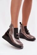 bottines femme cuir écologique métallisé bronze rosé effet froissé compensées plateforme talon incurvé semelle épaisse élastique zippée doublure chaude décoratives