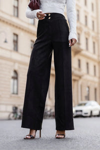 pantalon femme noir palazzo taille haute effet suédé plis centraux double boutons dorés jambe ample coupe longue élégante