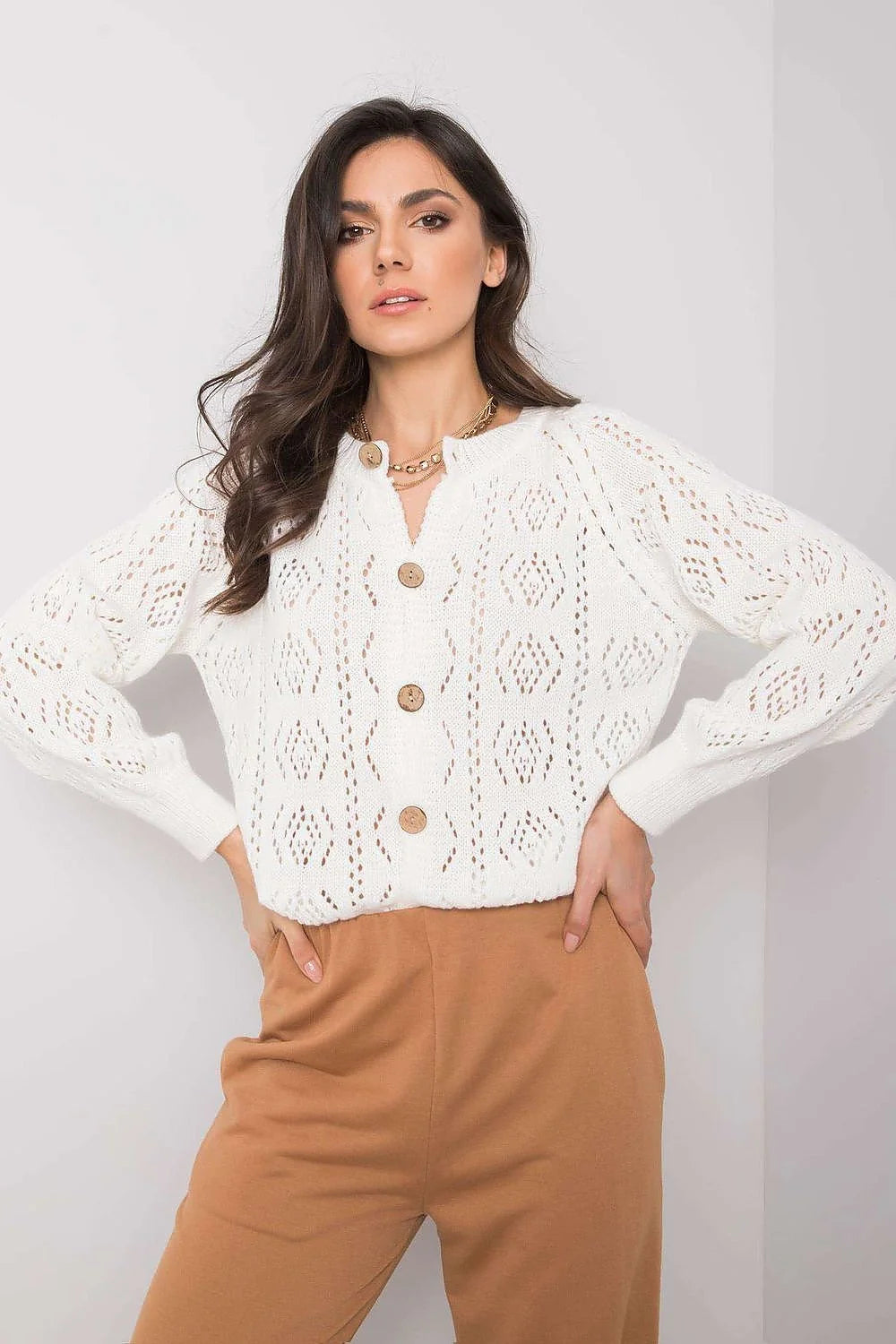 Cardigan femme en tricot ajouré blanc élégant décontracté manches longues mi-saison doux confortable