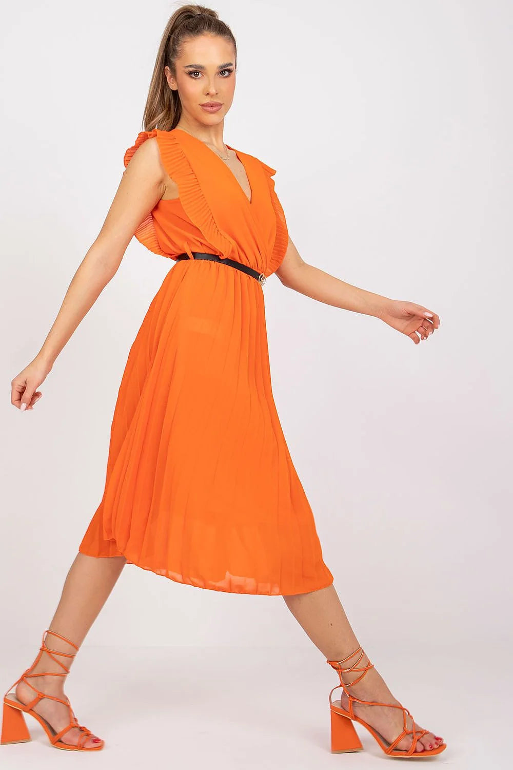 Robe élégante pour jour Italy Moda en polyester et élasthanne, manches courtes en volant, taille élastique, orange vif