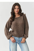 pull femme maille pelucheuse marron taupe coupe courte oversize col rond classique manches ballon longues mohair laine moelleux