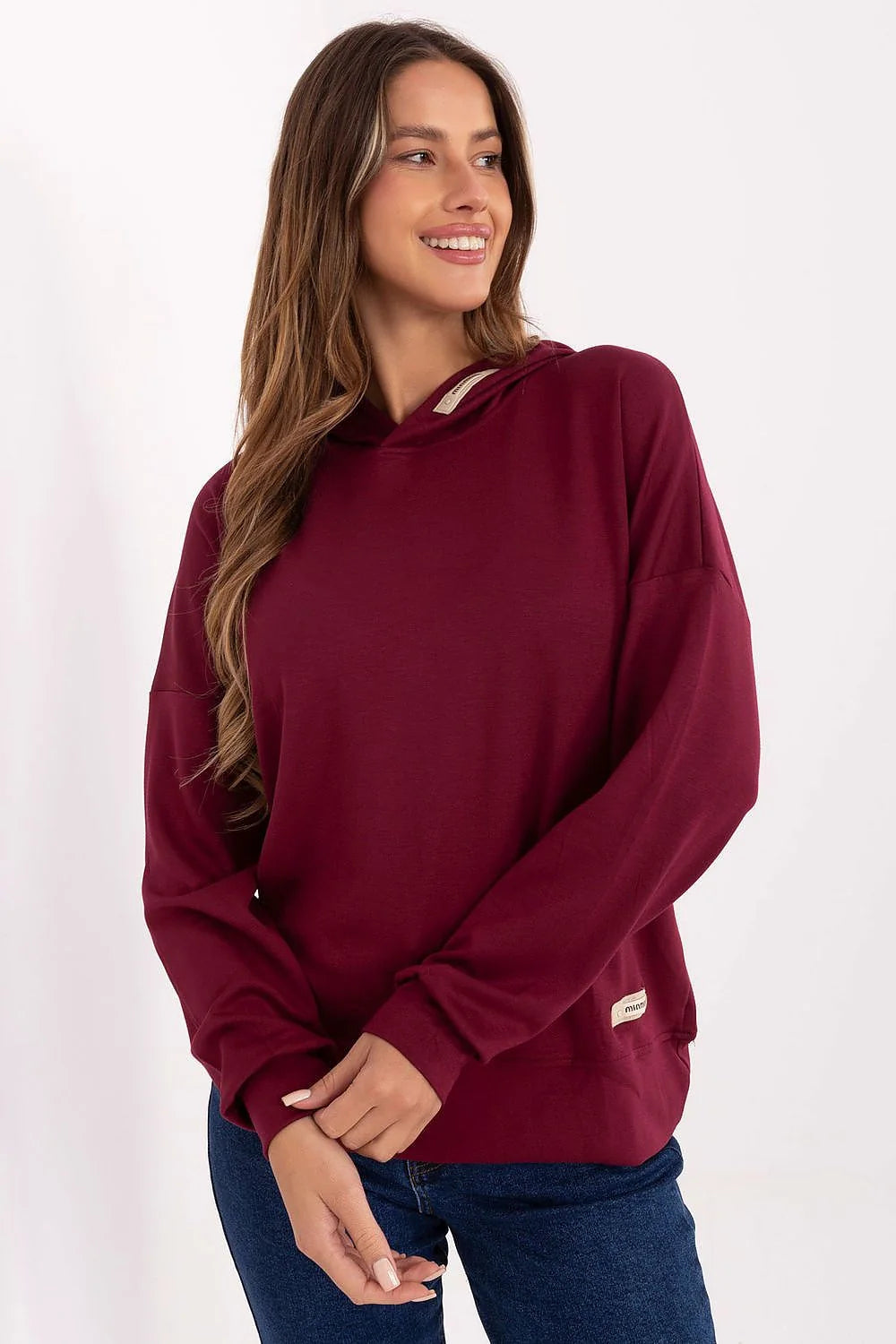 sweatshirt bordeaux femme oversize capuche jersey doux manches longues poignets côtelés base côtelée appliques décoratives
